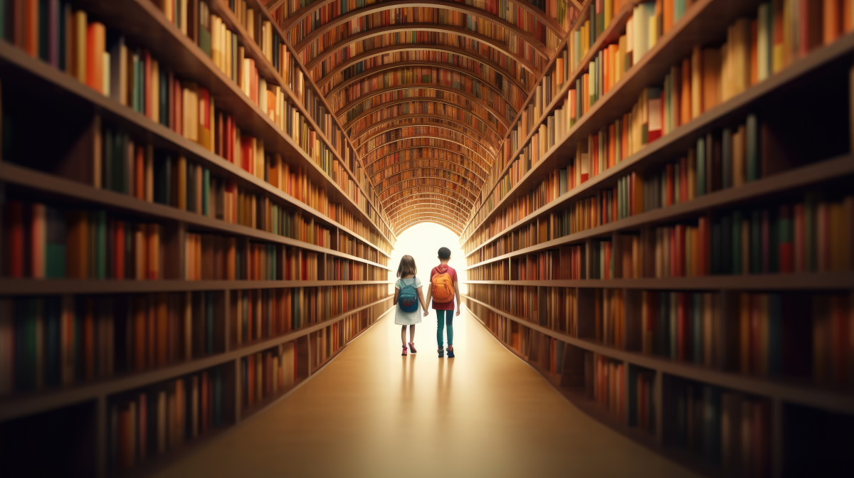 kids walking in a tunnel of books