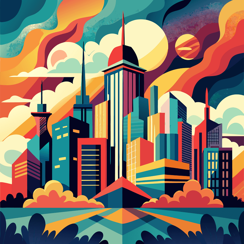 Colorful, abstract cityscape.