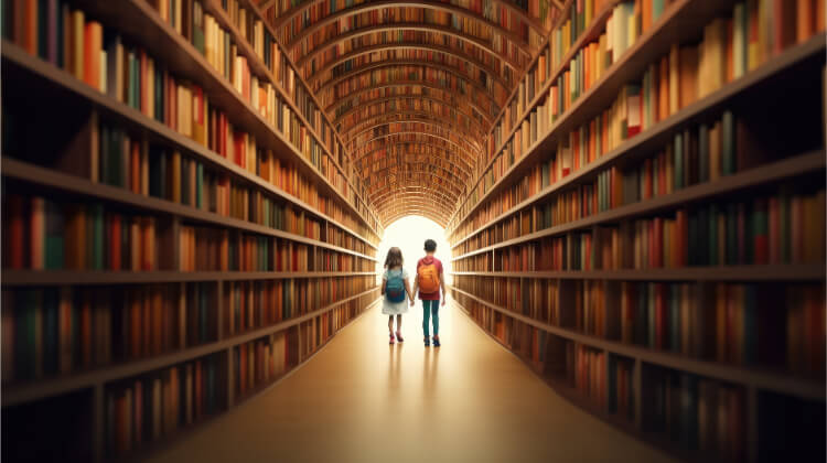 Kids walking in a tunnel of books.