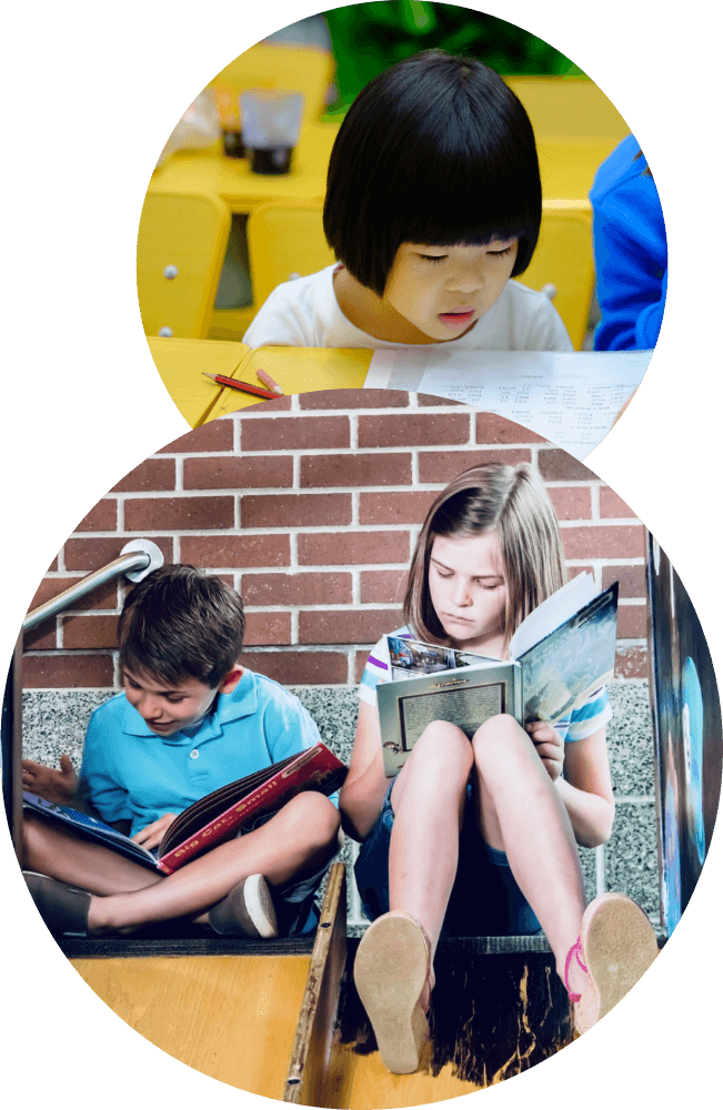 Children reading and learning, shown in circles.